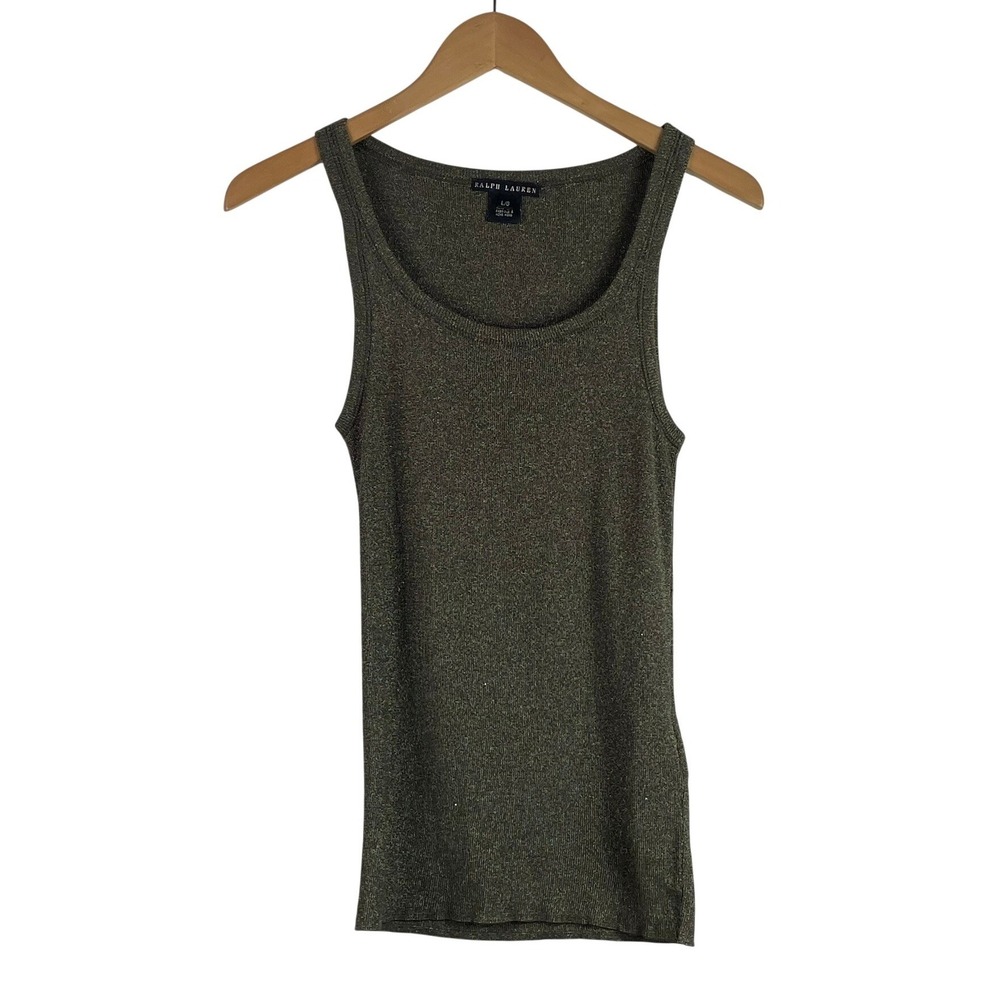 Ralph Lauren Black Label Tank Top Women L Olive Green Metallic Ribbed Knit Y2K